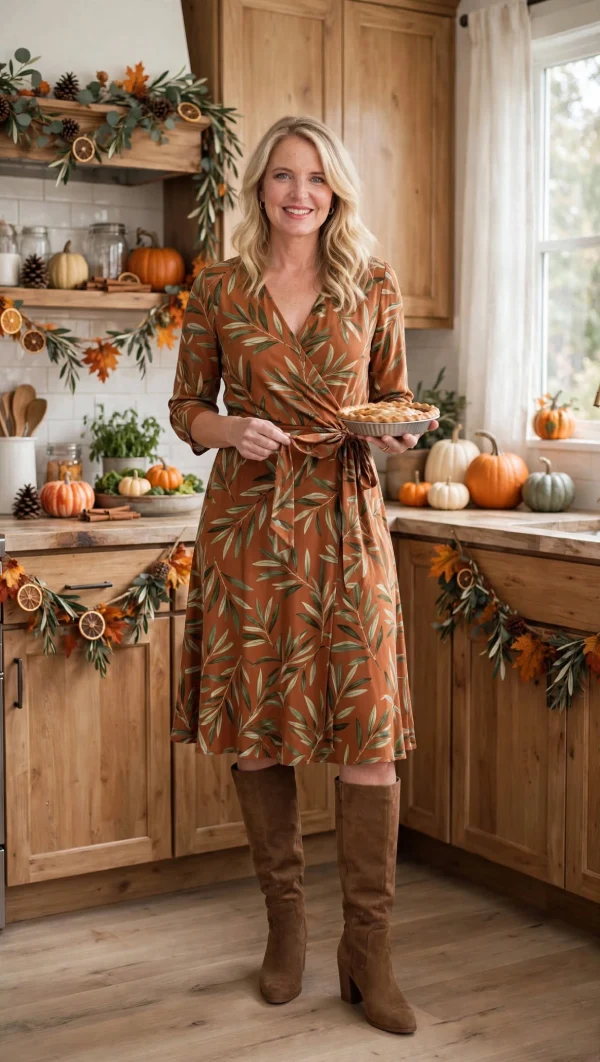 Woman over 40 in rust olive leaf print wrap dress with tie waist and brown knee-high boots holding pie in Thanksgiving kitchen