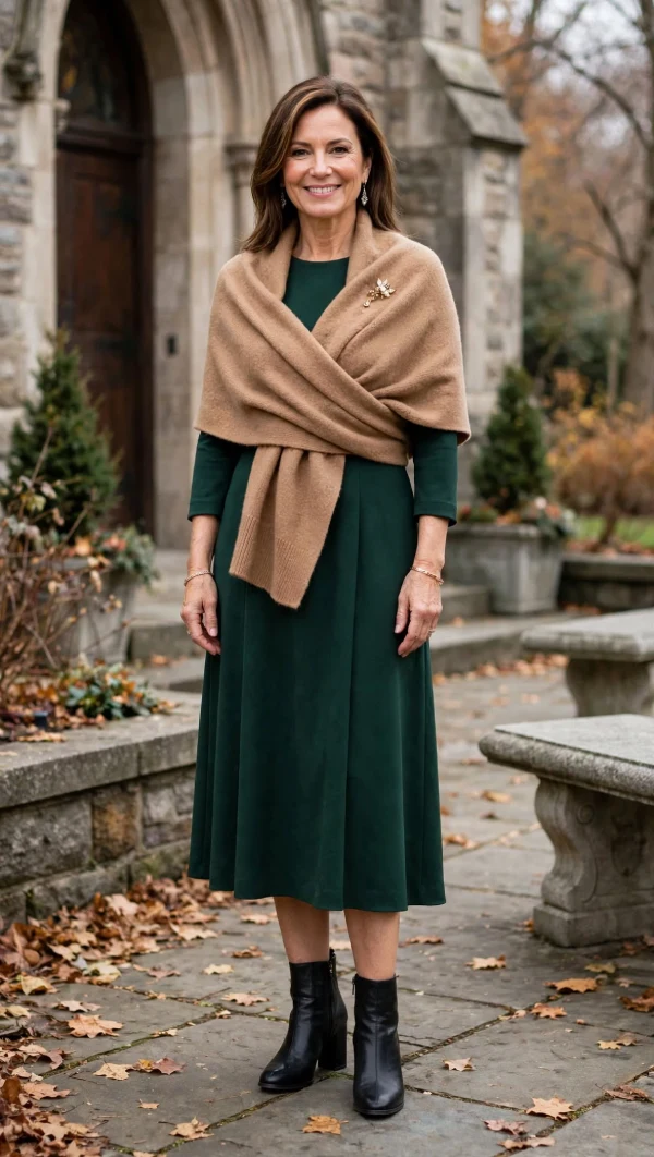 Woman over 40 wearing deep green midi dress and camel wool-blend wrap draped over shoulders with brooch pin, black block heel ankle boots outside stone church
