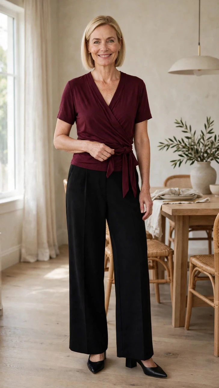 Woman with short sleek blonde bob wearing burgundy jersey wrap top with side tie and black wide-leg pants with black block-heel flats in dining room